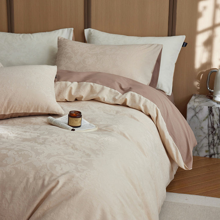Premium Cotton Satin Duvet Cover Set with Subtle Jacquard Relief and Reversible Function