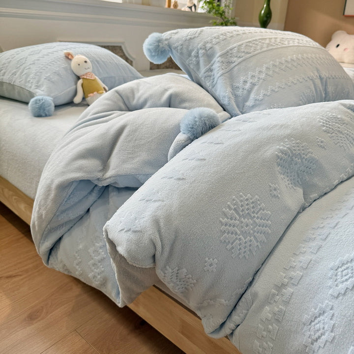 Plush Pom-Pom Microplush Comforter Set with Jacquard Snowflake Texture