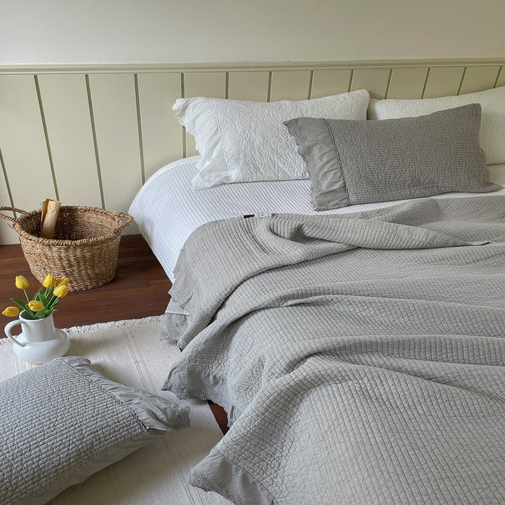 Quilted Washed Linen Bedspread Set with Frayed Lace Edge and Matching Pillow Shams