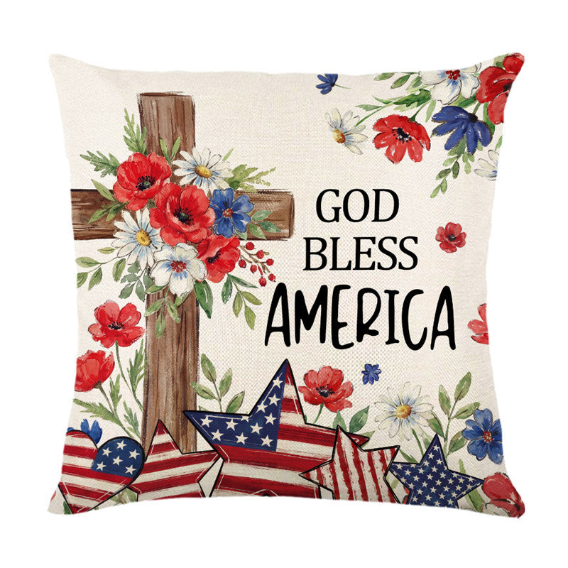 Patriotic Decorative Throw Pillow Cover with American Flag Stars and Floral Banner