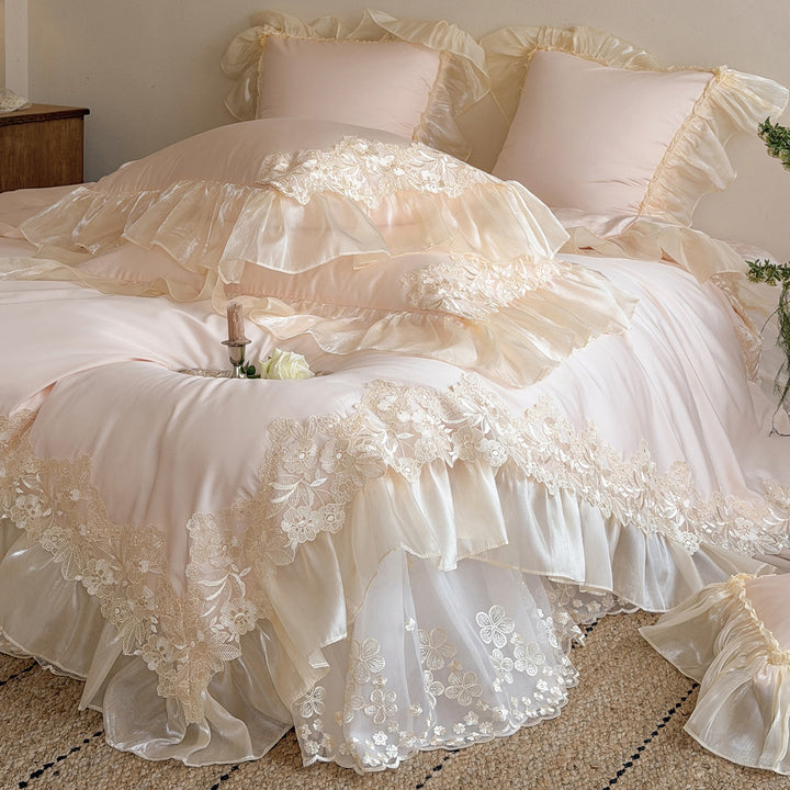 Romantic Organza-Ruffled Lace-Edge Duvet Cover Set with Frilled Pillow Shams
