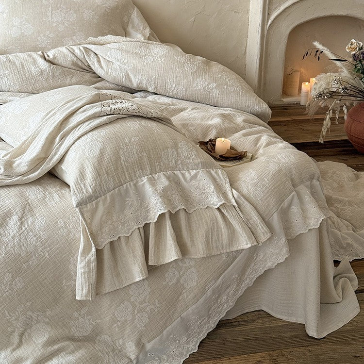 Vintage-inspired cotton-linen bedding set with ruffled trim & broderie anglaise
