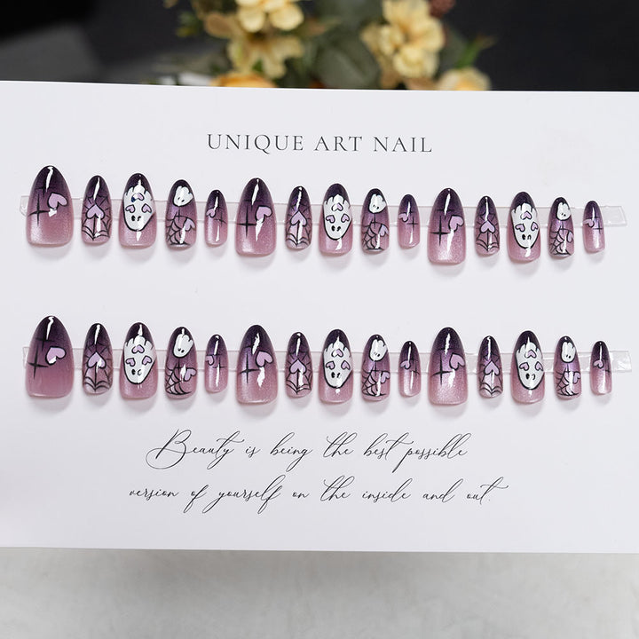 Halloween-Themed Press-On Nail Set with Ghost and Spider Designs