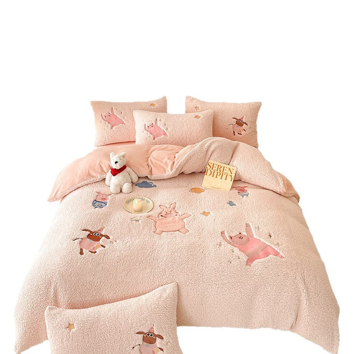 Sherpa Plush Cartoon Embroidered Duvet Bedding Set