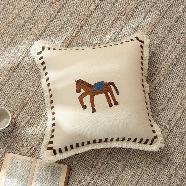 Decorative cushion cover made of cotton blend with fringes, check pattern and embroidered house Stornfield