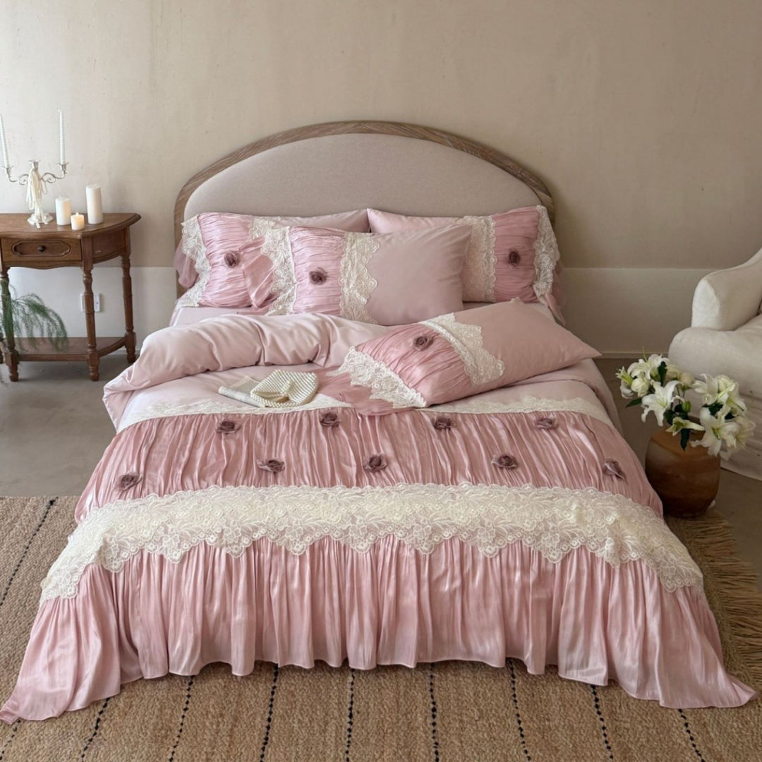 Satin-Ruffled Lace-Trim Rose Appliqué Duvet Cover Bedding Set