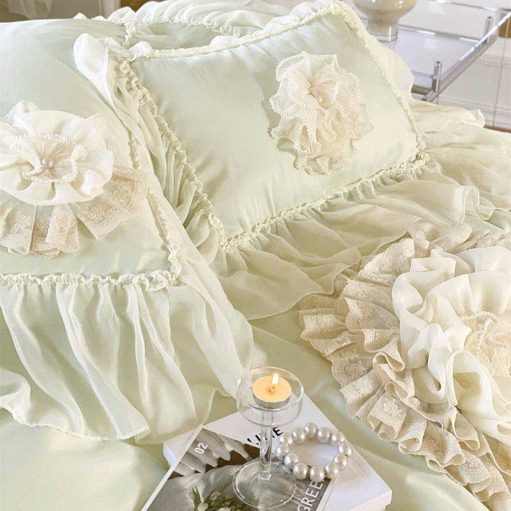 Romantic bedding set with chiffon ruffles and 3D flower appliqués