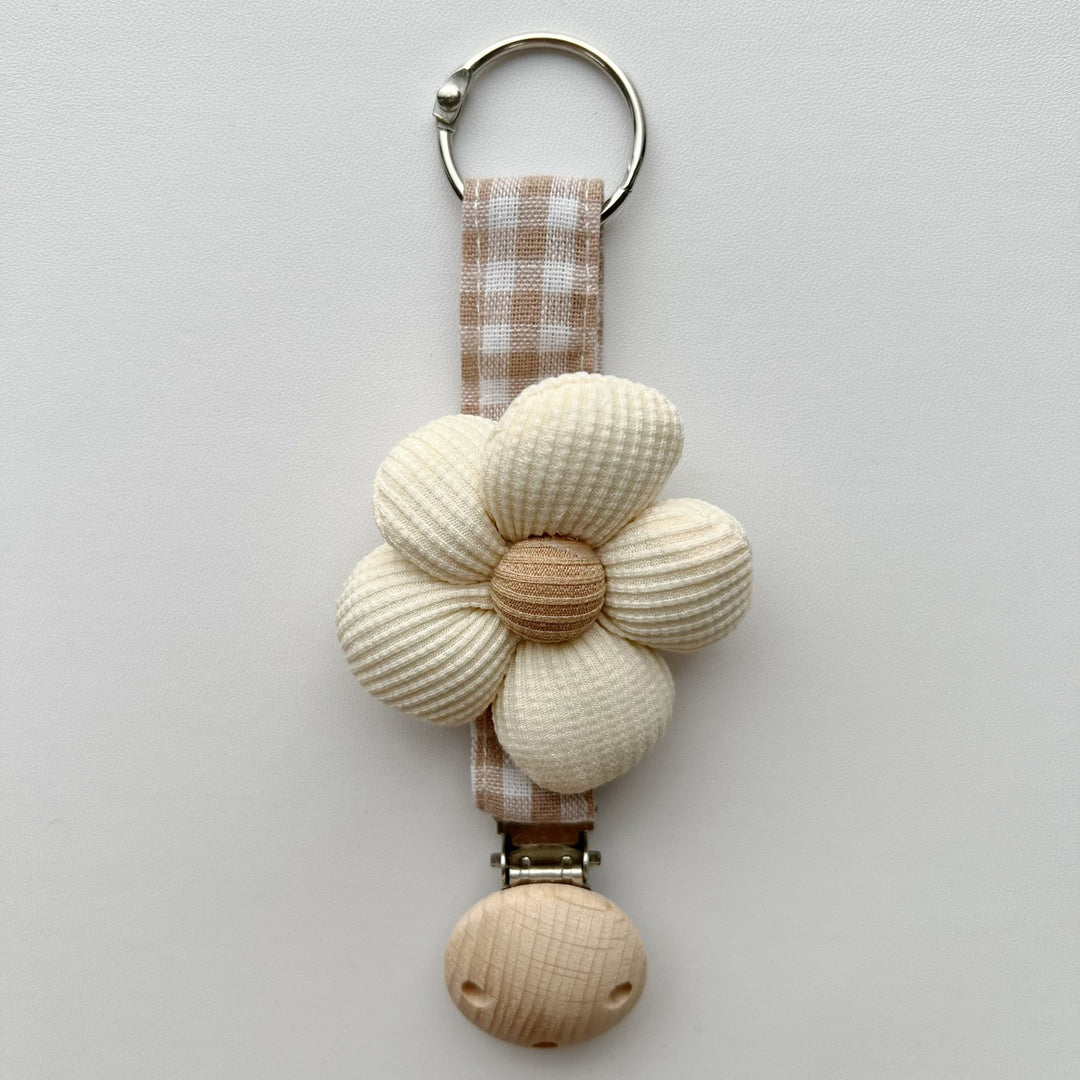 Cotton Gingham Strap Pacifier Clip with Padded Floral Comforter and Wooden Safety Clamp