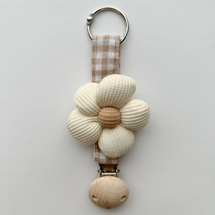 Cotton Gingham Strap Pacifier Clip with Padded Floral Comforter and Wooden Safety Clamp