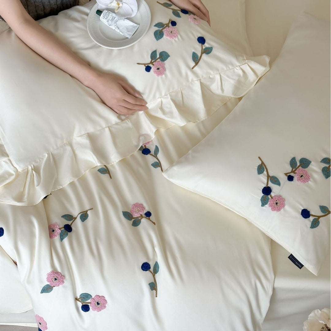 Floral Embroidered Satin-Feel Duvet Cover Set with Pillow Shams