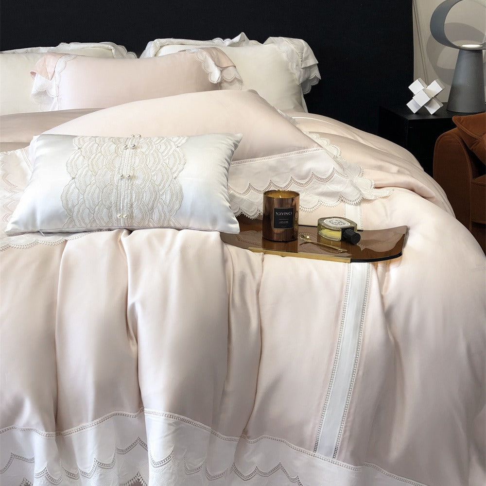 Luxurious satin bedding set with fine lace trim