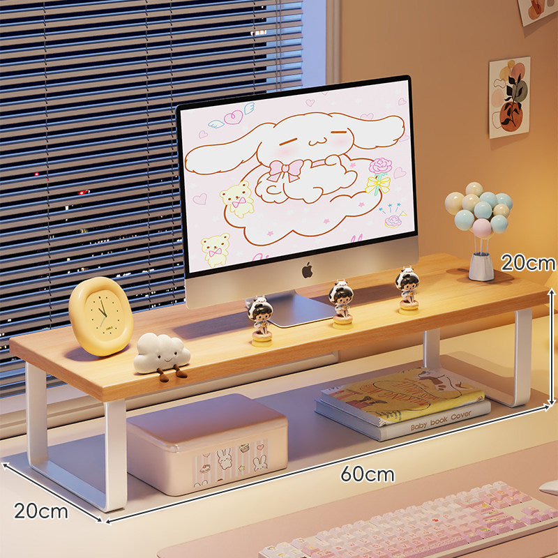 Low-Profile Wooden Monitor Riser with Metal Legs and Under-Shelf Storage
