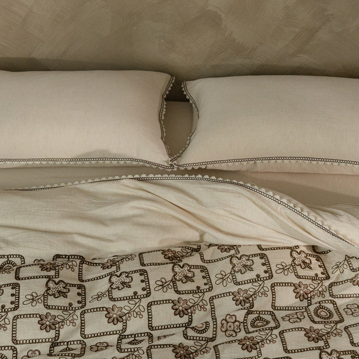 Organic Linen Embroidered Duvet Cover Set with Pom Trim