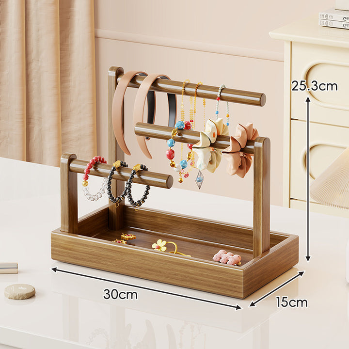 Wooden Dual-Tier Jewelry Organizer Stand with Felt-Lined Tray