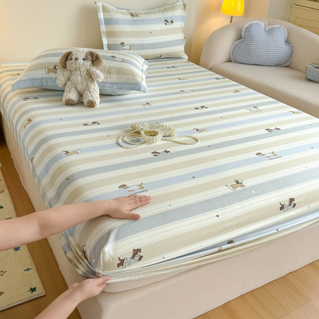 Striped Cotton Blend Fitted Sheet and Pillowcase Set