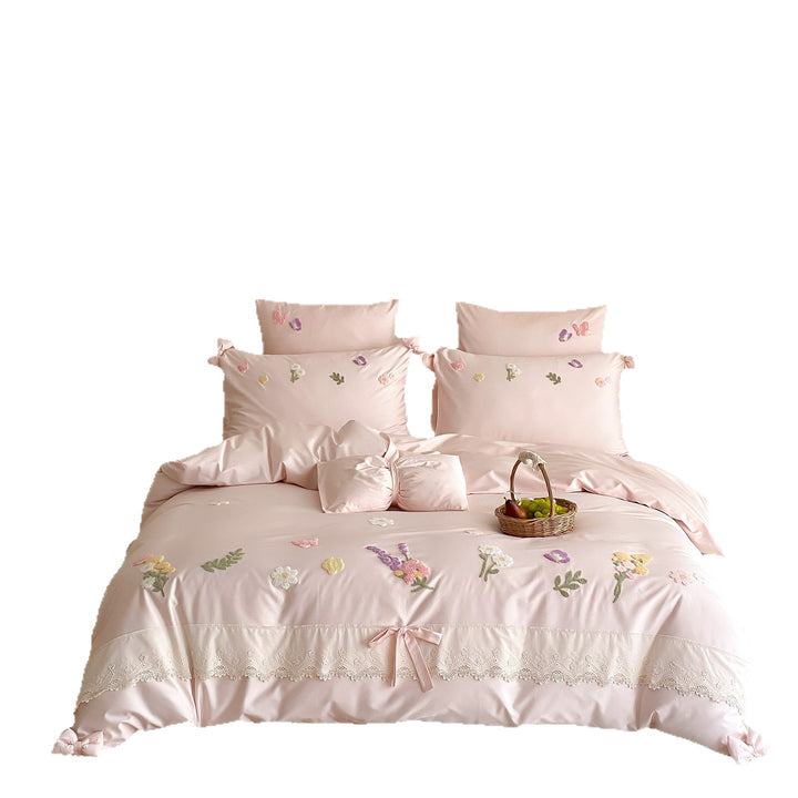 Hand-Embroidered Floral Bow-Accent Duvet Cover Set with Lace-Trim Pillow Shams