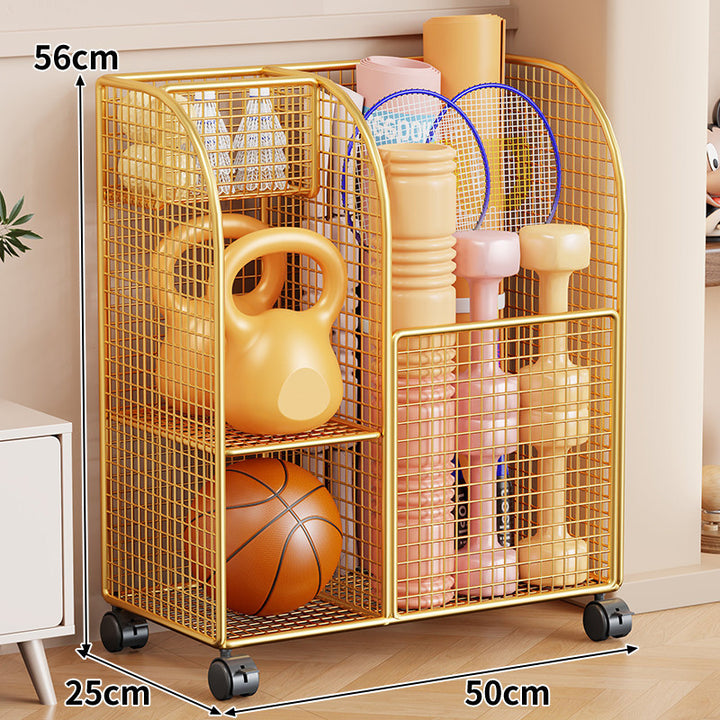 Rolling Mesh Sports Gear Storage Cart with Multi-Compartment Organizers and Locking Casters