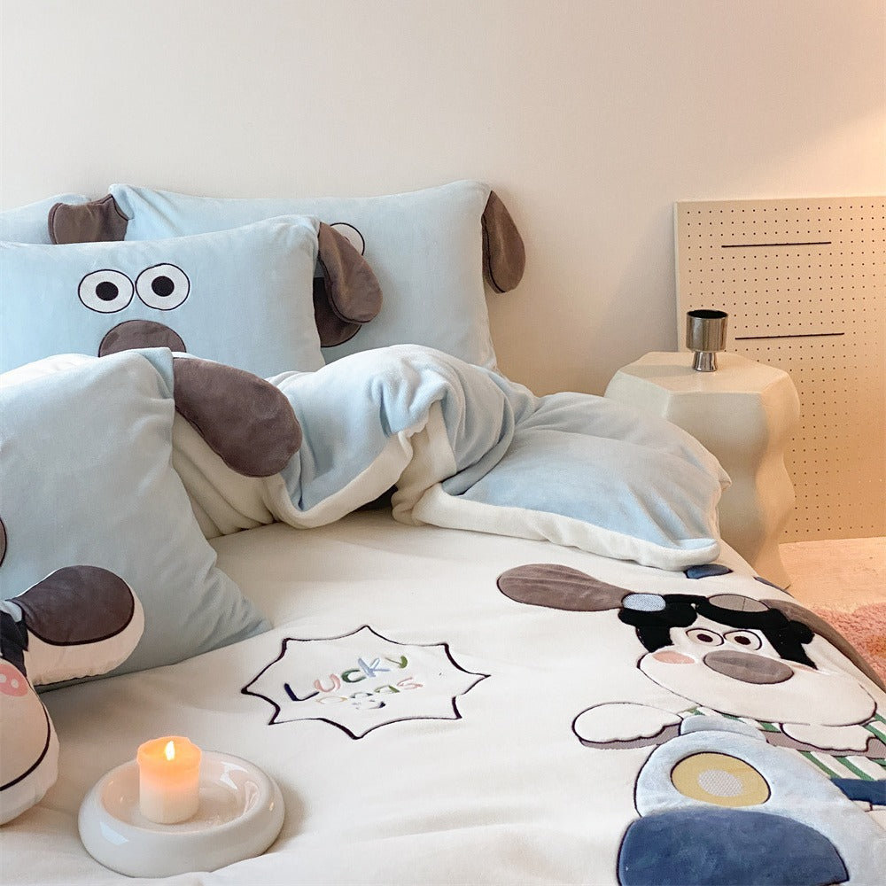 Cozy microfiber velvet bedding with three-dimensional plush dog applique and ear pillow