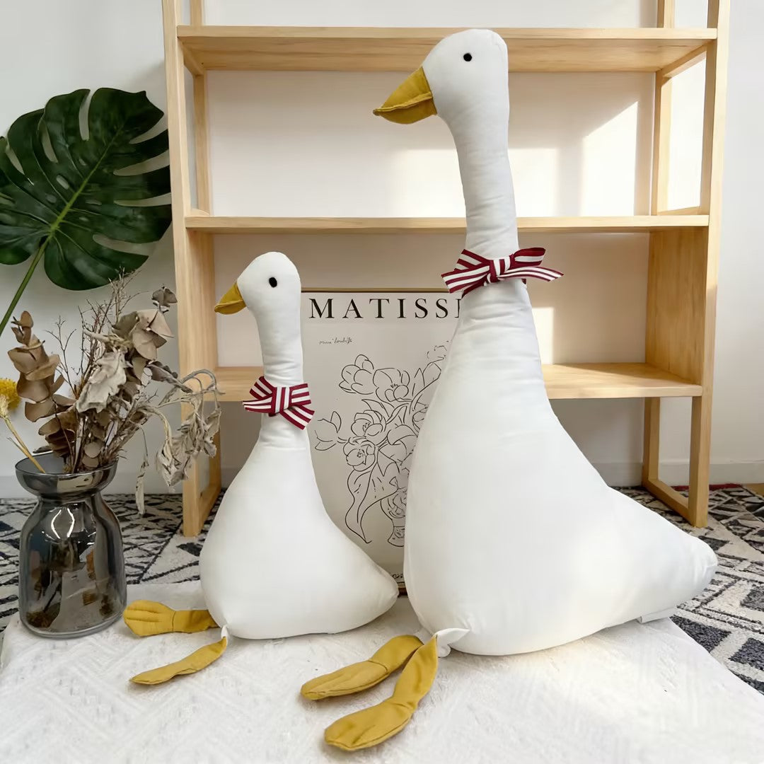 Oversized Linen-Style Goose Plush Pillow with Long Neck and Decorative Bow