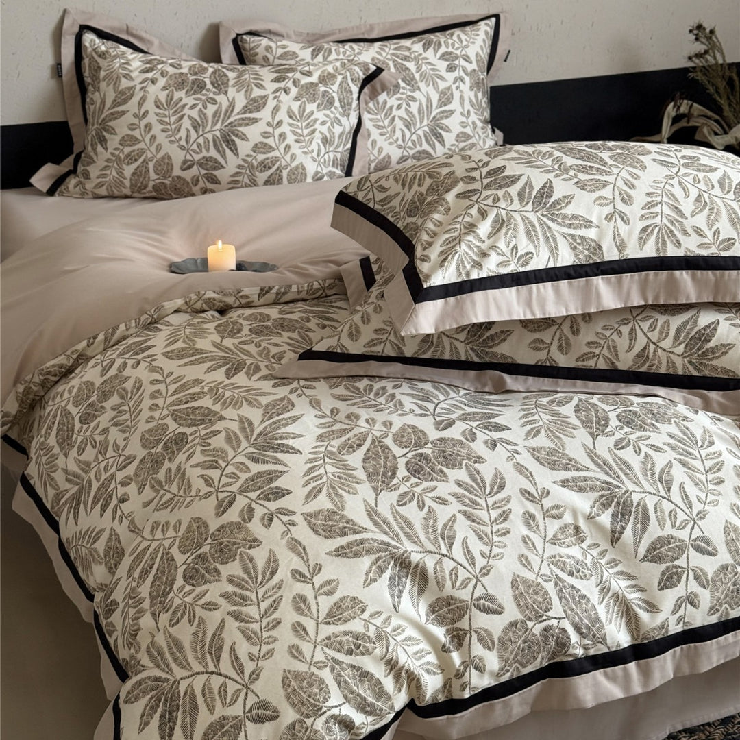 Botanical-Illustration Cotton Sateen Duvet Cover Set with Piped Border & Oxford Shams