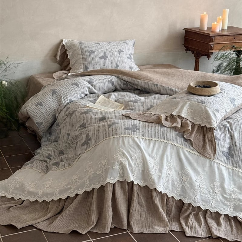 Embroidered Scallop-Edge Duvet Cover Set with Ruffled Bedskirt & Pillow Shams