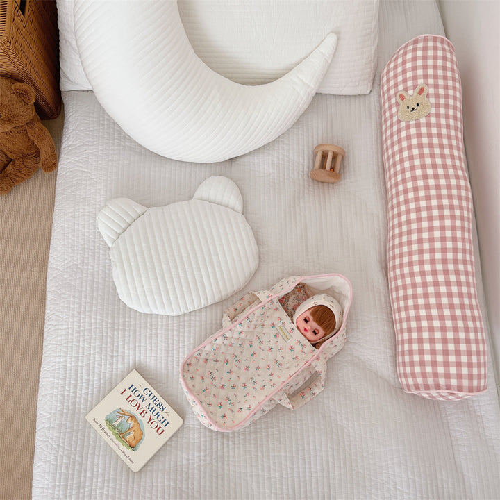 Gingham Bolster Nursery Pillow with Embroidered Daisy Appliqué Cotton Cover