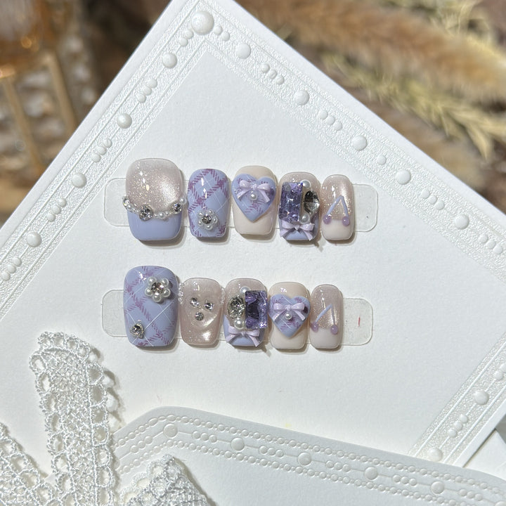 Decorative Luxury Press-On Nail Set with Elegant Bow and Gemstone Accents Stornfield
