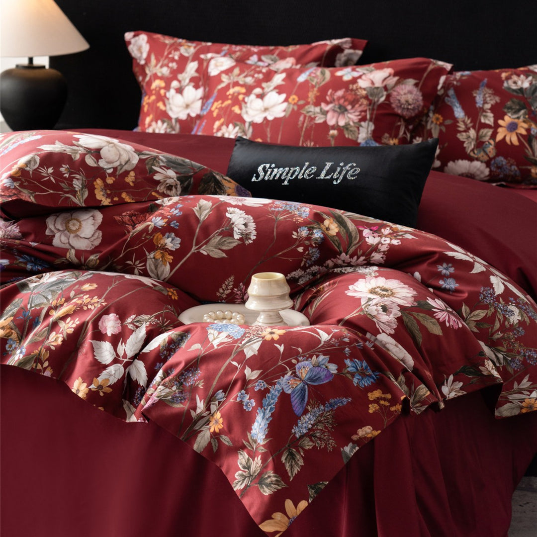 Meadow-Print Cotton Sateen Duvet Cover Set with Reversible Solid Back & Euro Shams