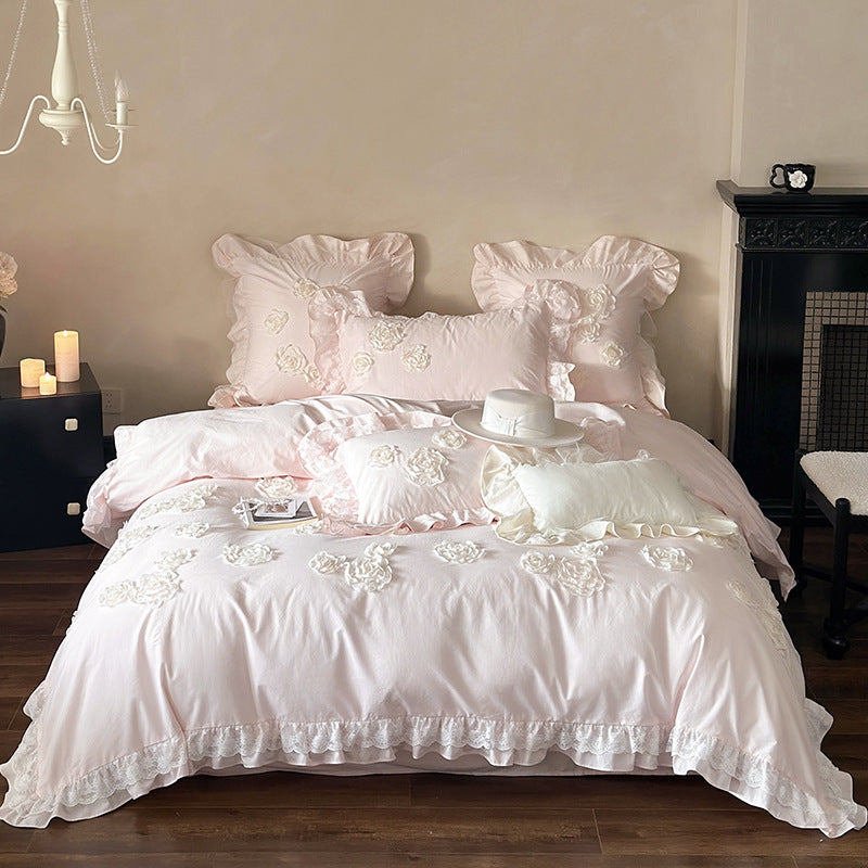 Romantic Ruffled Rose-Applique Cotton Sateen Duvet Cover Set with Lace-Trim Pillow Shams