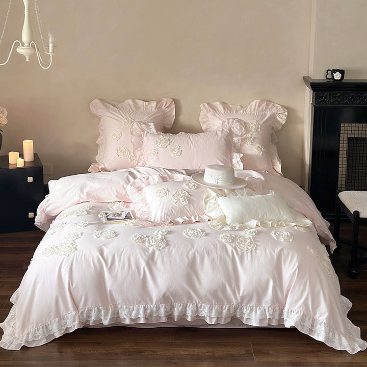 Romantic Ruffled Rose-Applique Cotton Sateen Duvet Cover Set with Lace-Trim Pillow Shams