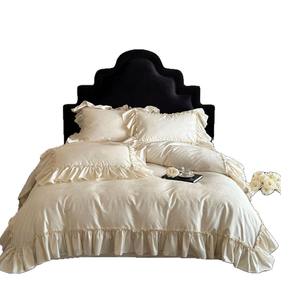Ruffled Satin Jacquard Duvet Cover Set with Frilled Edge and Pillow Shams