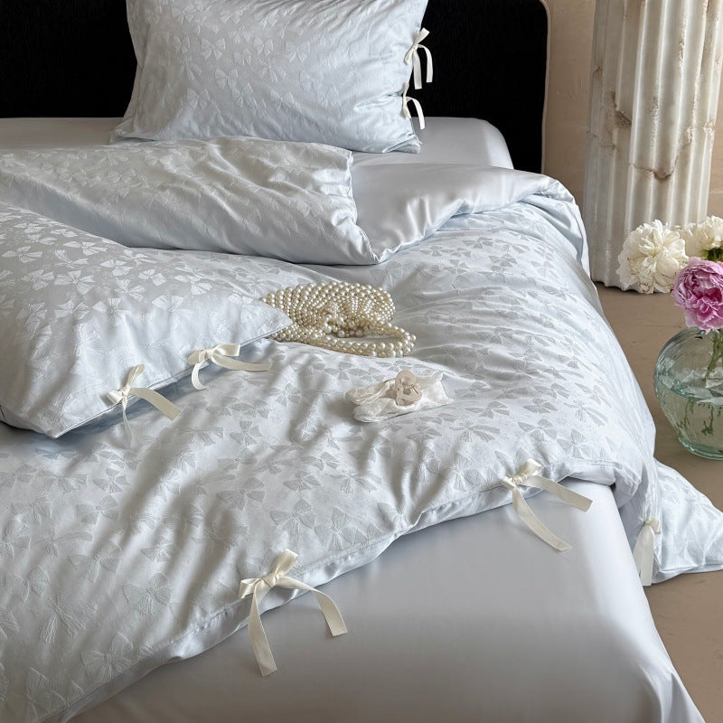 Jacquard Floral Tie-Closure Duvet Cover Set with Satin Fitted Sheet and Ribbon Ties