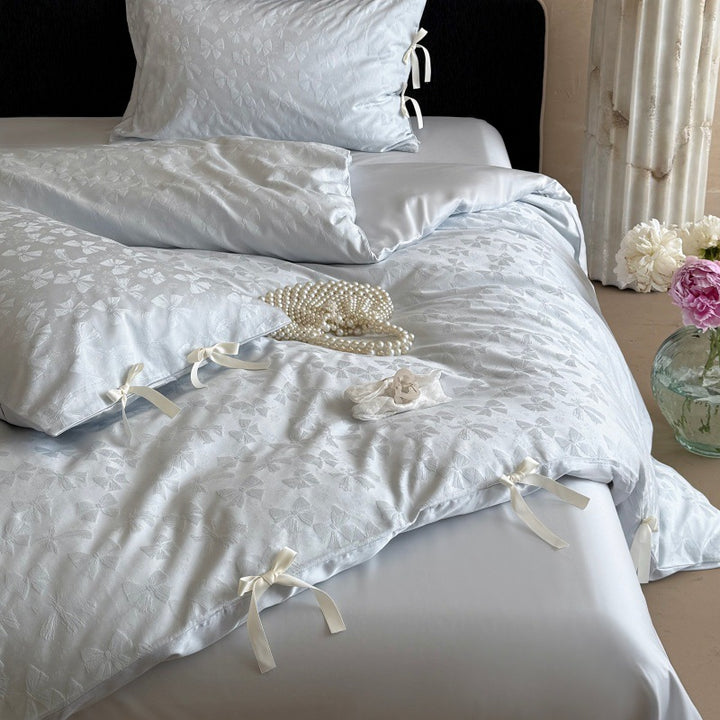 Jacquard Floral Tie-Closure Duvet Cover Set with Satin Fitted Sheet and Ribbon Ties