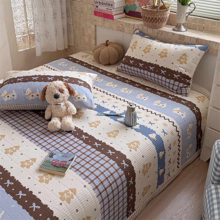 Quilted Cotton Toddler Bed Coverlet Set with Playful Dog and Flower Print and Gingham Trim