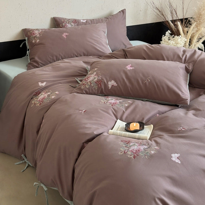 Embroidered Floral Cotton Sateen Duvet Cover Set with Bow-Tie Pillowcases