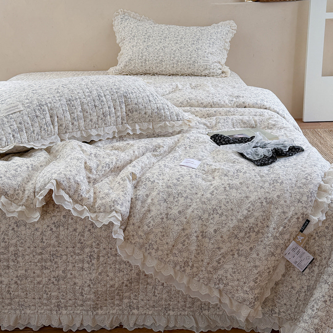 Quilted Floral Ruffled Bedding Set with Eyelet Lace Trim