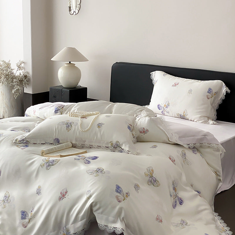 Satin bedding set with butterfly pattern and lace edge