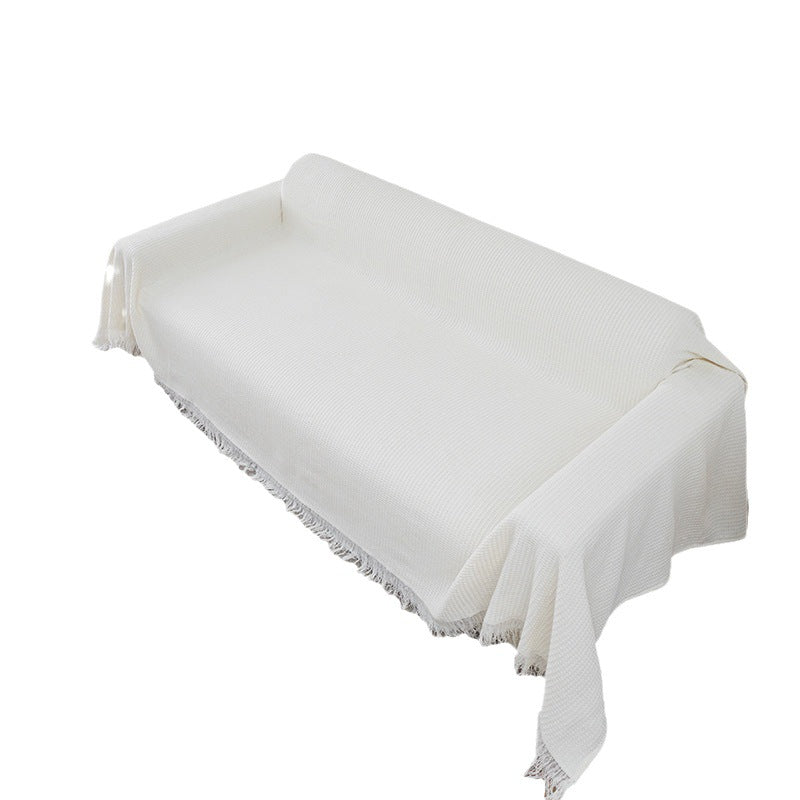 Textured Waffle-Weave Sofa Throw Cover with Fringe