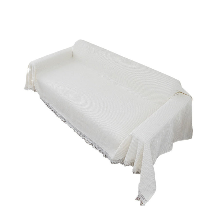 Textured Waffle-Weave Sofa Throw Cover with Fringe