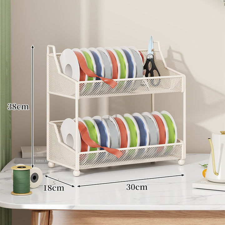 Metal Mesh Ribbon and Tape Spool Organizer with Integrated Scissor Slot