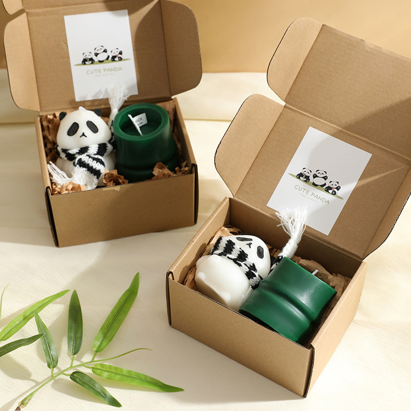 Panda Sculptural Scented Soy Candle Gift Set with Silicone Holder & Knit Scarf