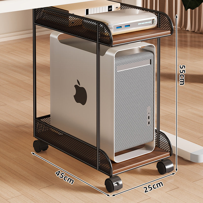 Mobile Desktop CPU Tower Stand with Mesh Side Guards Wooden Base and Locking Casters