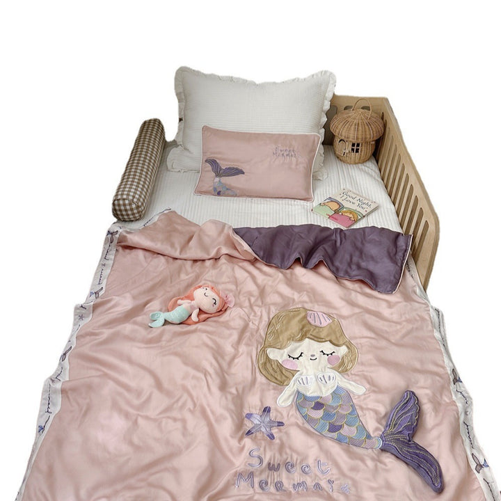 Kids Mermaid Appliqué Embroidered Duvet Cover and Pillowcase Set