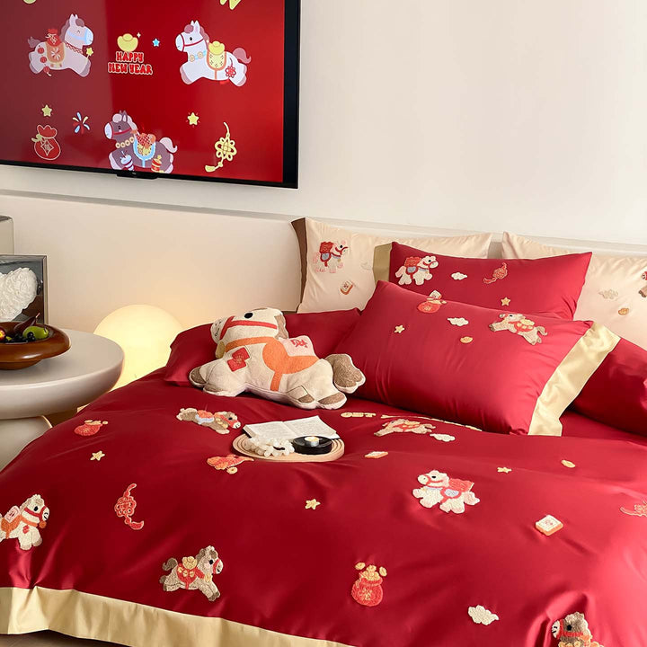 Embroidered Cotton Sateen Duvet Cover Set with Appliqué Horse Motifs and Reversible Border