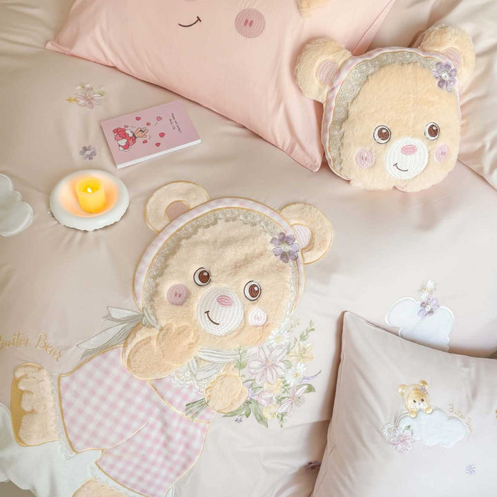 Teddy Appliqué Cotton Sateen Duvet Cover Set with Plush Ear Pillowcases