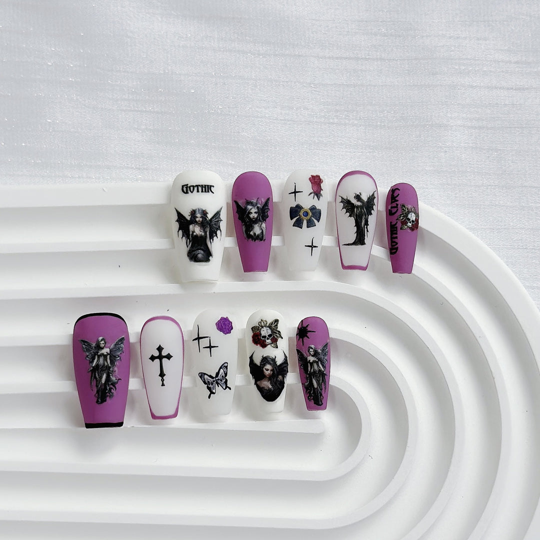Artistic Press-On Nail Art Set with Heart and Celestial Designs