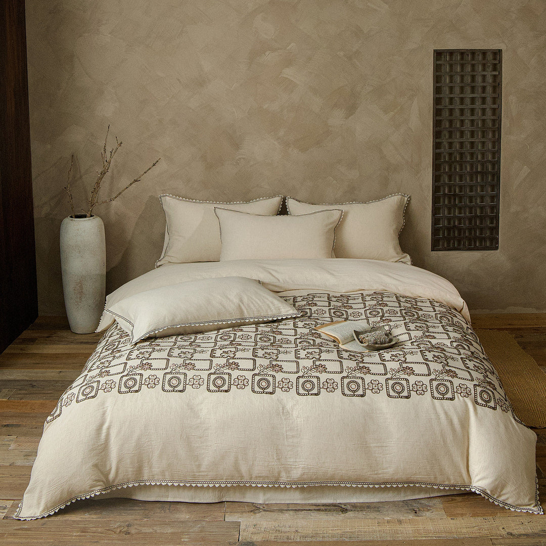 Organic Linen Embroidered Duvet Cover Set with Pom Trim