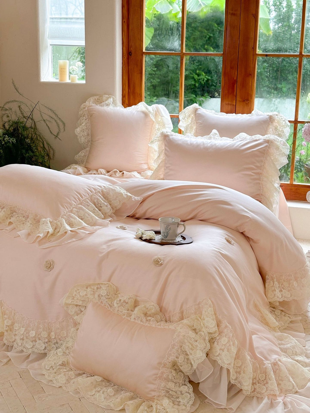 Victorian-Inspired Ruffled Lace Duvet Cover and Sham Set