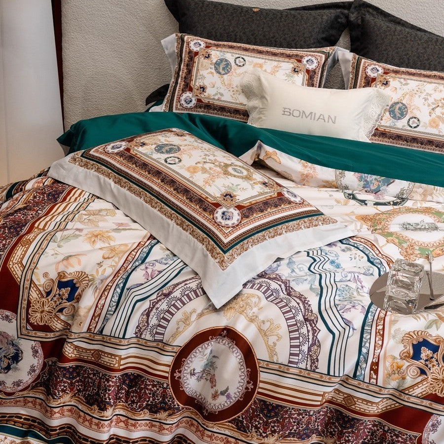 Luxury Baroque Satin-Feel Duvet Cover Set with Ornate Medallion Print