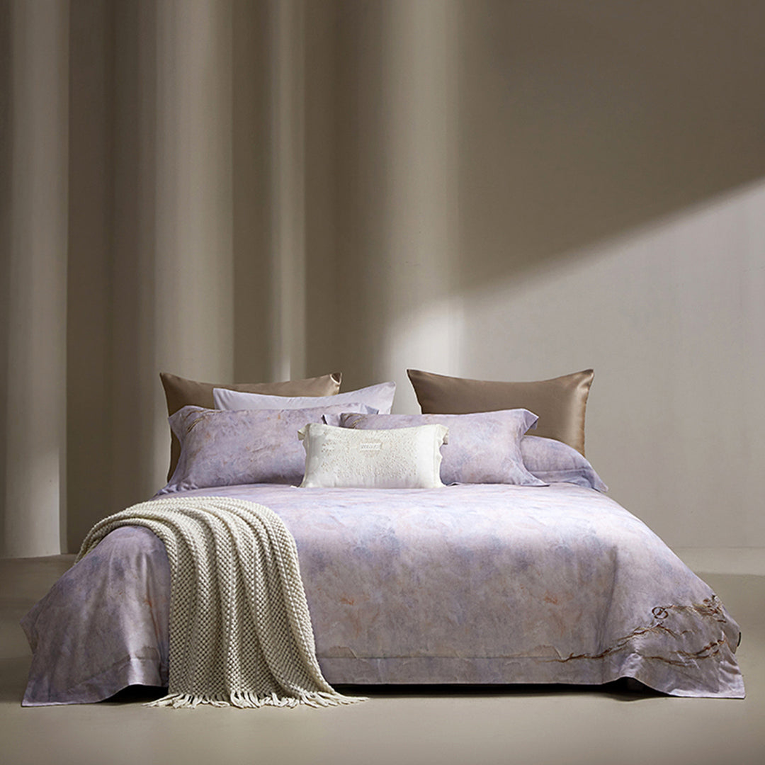 Marble-Effect Cotton Sateen Duvet Cover Set with Knitted Throw and Oxford Shams